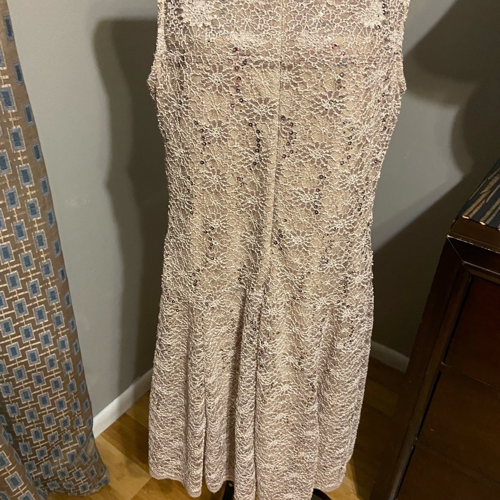 This is a tan and silver Sequence specs of pink to the knee dress